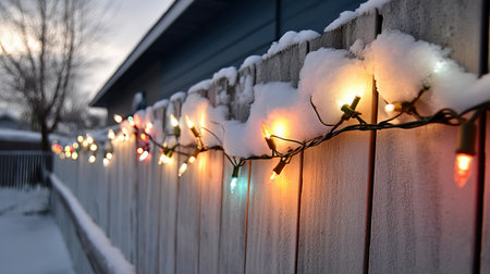 Christmas lights wrapped around a fence with soft snow in the background, leaving room for text. Merry Christmas and Happy Holidays greeting card, frame, and banner. New Year. Noel. Winter Christmas themeの素材