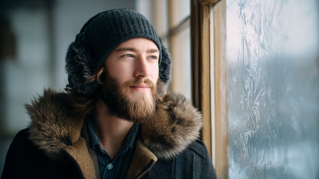 A young man smiles in a snowy winter forest. A guy walks outside in a park. Portrait of a man in the fresh air in winter. An active lifestyle in winter during vacation or holidaysの素材