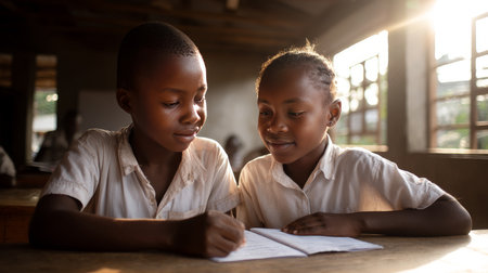 Two African students studying together in a rural classroom, with sunlight streaming in through the window. Black African children from disadvantaged families study in school, read books, receive primary education, volunteer service.の素材