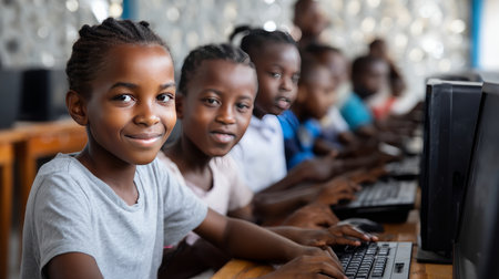 Students in an African classroom using computers for an online learning session, diverse group of children. Black African children from disadvantaged families study in school, read books, receive primary education, volunteer service.の素材