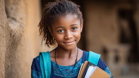 Happy little african girl with school bag holding and hugging her books near village adobe house. Black African children from disadvantaged families study in school, read books, receive primary education, volunteer service.の素材