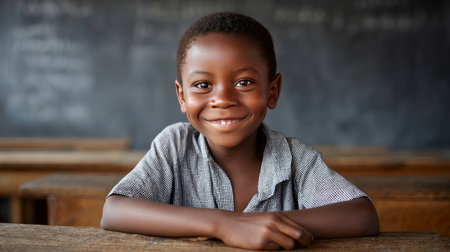 Happy little african boy at desk in african school. Black African children from disadvantaged families study in school, read books, receive primary education, volunteer service.の素材