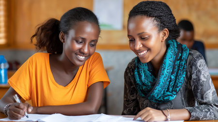 Female African students reading together in a library, surrounded by books and quiet study space. Black African children from disadvantaged families study in school, read books, receive primary education, volunteer service.の素材