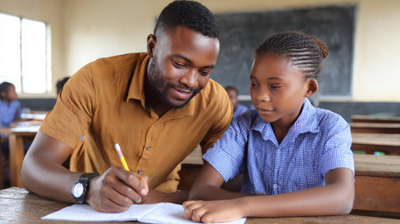 An African teacher assisting a student with math homework in a warm, welcoming classroom setting. Black African children from disadvantaged families study in school, read books, receive primary education, volunteer serviceの素材