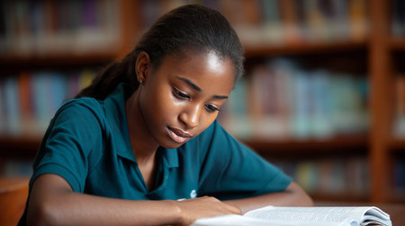 An African girl studying in a quiet corner of a library, reading a book with full concentration. Black African children from disadvantaged families study in school, read books, receive primary education, volunteer service.の素材