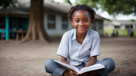 An African girl sitting on the ground, reading a book in a rural school yard, peaceful educational environment. Black African children from disadvantaged families study in school, read books, receive primary education, volunteer service.の素材