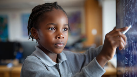An African boy learning mathematics on a digital screen in a modern classroom, focused and engaged. Black African children from disadvantaged families study in school, read books, receive primary education, volunteer serviceの素材