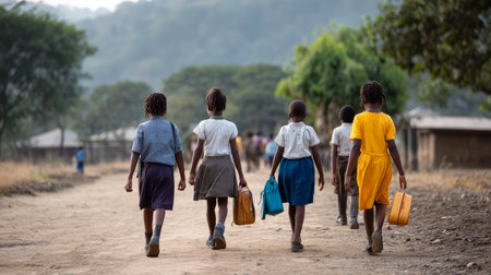 African schoolchildren walking on a dirt road toward school, carrying school bags, vibrant natural landscape in the background. Black African children from disadvantaged families study in school, read books, receive primary education, volunteer service.の素材