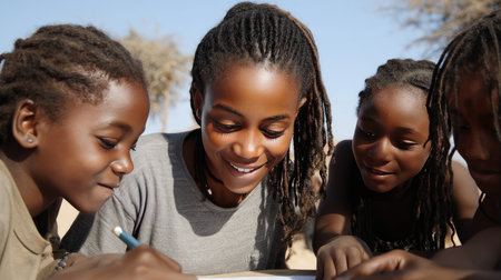 African children collaborating on a group project outdoors, learning with nature as a backdrop, clear sky. Black African children from disadvantaged families study in school, read books, receive primary education, volunteer serviceの素材