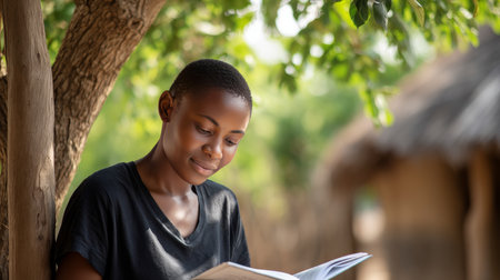 A young African student reading a book under the shade of a tree in a rural village, bright sunlight, vivid natural colors. Black African children from disadvantaged families study in school, read books, receive primary education, volunteer service.の素材