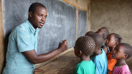 A teacher in Africa facilitating a discussion with students about science, a chalkboard with diagrams in the background. Black African children from disadvantaged families study in school, read books, receive primary education, volunteer serviceの素材