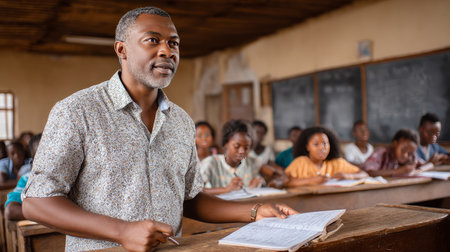 A teacher explaining a science experiment to African students in a modern, well-equipped classroom. Black African children from disadvantaged families study in school, read books, receive primary education, volunteer service.の素材