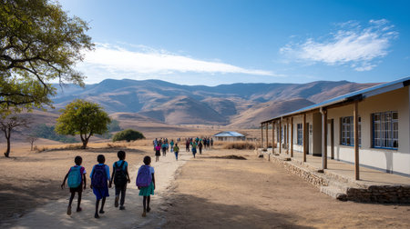 A school in rural Africa with children walking to class, backpacks on, bright blue sky and open landscape. Black African children from disadvantaged families study in school, read books, receive primary education, volunteer serviceの素材