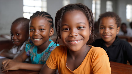 A group of African children smiling while attending a lesson in a bright and colorful classroom. Black African children from disadvantaged families study in school, read books, receive primary education, volunteer serviceの素材