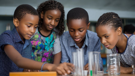 A teacher explaining a science experiment to African students in a modern, well-equipped classroom. Lack of school supplies. Black African children from disadvantaged families learn in school, read books, get primary education, volunteer service.の素材