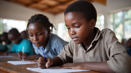 Children in an African classroom learning about geography, looking at maps and educational materials. Lack of school supplies. Black African children from disadvantaged families learn in school, read books, get primary education, volunteer service.の素材