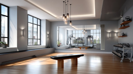 Equipment and exercise machines in the fitness center modern gym for sports, fitness and yoga. Healthy lifestyle, life on sports, maintaining a figure in a slim body.の素材