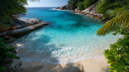 Calm close-up of calm sea water waves with palm trees. Beautiful panorama, tropical island beach landscape exotic shore coast. Summer vacation, holiday amazing nature. Sea background.の素材
