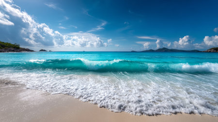 Calm close-up of calm sea water waves with palm trees. Beautiful panorama, tropical island beach landscape exotic shore coast. Summer vacation, holiday amazing nature. Sea background.の素材
