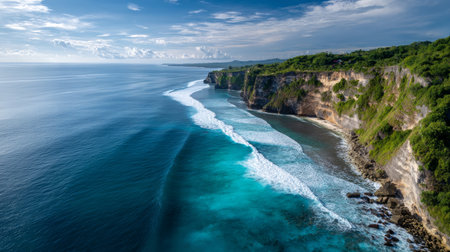 Calm close-up of calm sea water waves with palm trees. Beautiful panorama, tropical island beach landscape exotic shore coast. Summer vacation, holiday amazing nature. Sea background.の素材