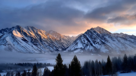 Mountain view above clouds with flowers and blooming bushes at sunset with sunbeams. Calm close-up of beautiful mountains and mountain landscape, screensaver background, Beautiful panorama. Summer vacation, holiday, amazing natureの素材