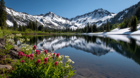 Mountain view above clouds with flowers and blooming bushes at sunset with sunbeams. Calm close-up of beautiful mountains and mountain landscape, screensaver background, Beautiful panorama. Summer vacation, holiday, amazing natureの素材
