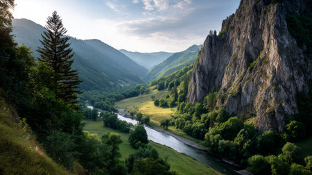 Mountain view above clouds with flowers and blooming bushes at sunset with sunbeams. Calm close-up of beautiful mountains and mountain landscape, screensaver background, Beautiful panorama. Summer vacation, holiday, amazing natureの素材