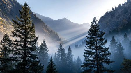 Mountain view above clouds with flowers and blooming bushes at sunset with sunbeams. Calm close-up of beautiful mountains and mountain landscape, screensaver background, Beautiful panorama. Summer vacation, holiday, amazing natureの素材