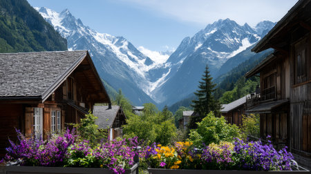 Mountain view above clouds with flowers and blooming bushes at sunset with sunbeams. Calm close-up of beautiful mountains and mountain landscape, screensaver background, Beautiful panorama. Summer vacation, holiday, amazing natureの素材
