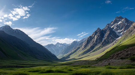 Mountain view above clouds with flowers and blooming bushes at sunset with sunbeams. Calm close-up of beautiful mountains and mountain landscape, screensaver background, Beautiful panorama. Summer vacation, holiday, amazing natureの素材