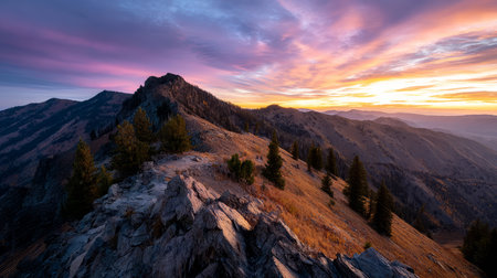 Mountain view above clouds with flowers and blooming bushes at sunset with sunbeams. Calm close-up of beautiful mountains and mountain landscape, screensaver background, Beautiful panorama. Summer vacation, holiday, amazing natureの素材