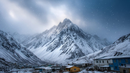Mountain view above clouds with flowers and blooming bushes at sunset with sunbeams. Calm close-up of beautiful mountains and mountain landscape, screensaver background, Beautiful panorama. Summer vacation, holiday, amazing natureの素材