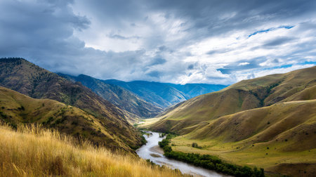 Mountain view above clouds with flowers and blooming bushes at sunset with sunbeams. Calm close-up of beautiful mountains and mountain landscape, screensaver background, Beautiful panorama. Summer vacation, holiday, amazing natureの素材