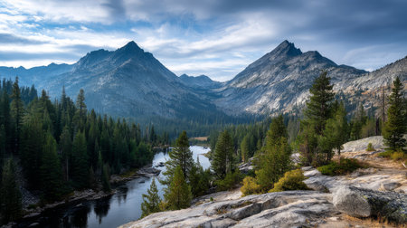 Mountain view above clouds with flowers and blooming bushes at sunset with sunbeams. Calm close-up of beautiful mountains and mountain landscape, screensaver background, Beautiful panorama. Summer vacation, holiday, amazing natureの素材