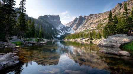 Mountain view above clouds with flowers and blooming bushes at sunset with sunbeams. Calm close-up of beautiful mountains and mountain landscape, screensaver background, Beautiful panorama. Summer vacation, holiday, amazing natureの素材