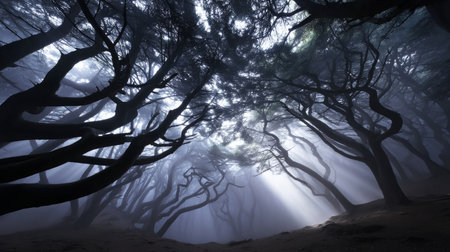 Beautiful forest background for screensaver. with sunbeams. Calm close-up of fairytale forest and nature landscape, panorama. Summer vacation, holiday, amazing natureの素材