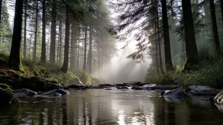 Beautiful forest background for screensaver. with sunbeams. Calm close-up of fairytale forest and nature landscape, panorama. Summer vacation, holiday, amazing natureの素材