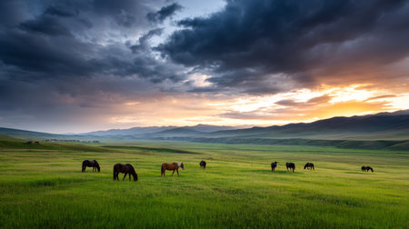 A beautiful, sun-drenched spring summer meadow. Natural colorful panoramic landscape with many wild flowers of daisies against blue sky. A frame with soft selective focusの素材
