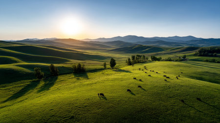 A beautiful, sun-drenched spring summer meadow. Natural colorful panoramic landscape with many wild flowers of daisies against blue sky. A frame with soft selective focusの素材