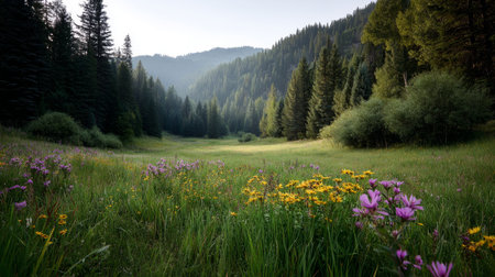 A beautiful, sun-drenched spring summer meadow. Natural colorful panoramic landscape with many wild flowers of daisies against blue sky. A frame with soft selective focusの素材