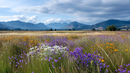 A beautiful, sun-drenched spring summer meadow. Natural colorful panoramic landscape with many wild flowers of daisies against blue sky. A frame with soft selective focusの素材