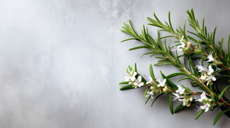 A sprig of green rosemary with tiny white flowers on a pale, soft gray background, minimalist and fresh.の素材