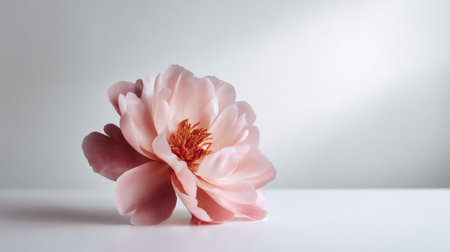 A soft pink peony petal placed gently in the center of a clean white background, with subtle soft lighting for a minimalist effect.の素材