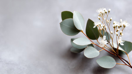 A small sprig of eucalyptus leaves with delicate white flowers, surrounded by a soft light gray background for minimalist elegance.の素材