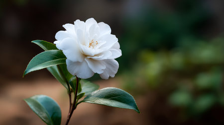 A single white camellia flower with a simple blurred background, clean and elegant.の素材