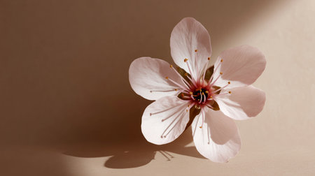 A single pale pink cherry blossom on a light tan background, with soft shadows and a minimalist vibe.の素材