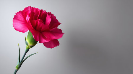 A single bright pink carnation on a pale gray background, minimalist and elegant with smooth light transitions.の素材