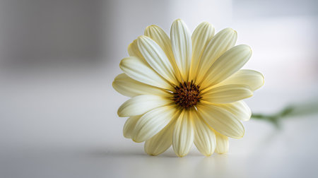 A pale yellow daisy placed in the center of a white background, with soft, blurred edges to give a calming and simple feel.の素材
