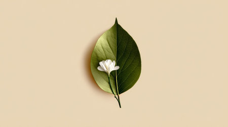 A pale green leaf with a small white flower at the tip, placed on a solid cream-colored background for a minimalist effect.の素材