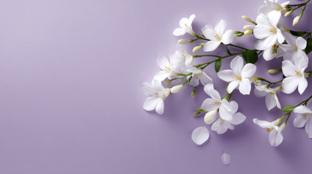 A minimalist arrangement of white jasmine flowers scattered on a soft lavender background, creating delicate, clean lines.の素材